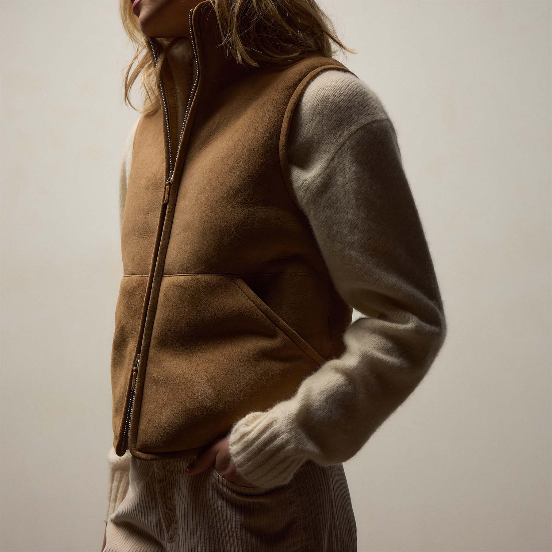 Suede Shearling Vest - Caramel | James Perse Los Angeles
