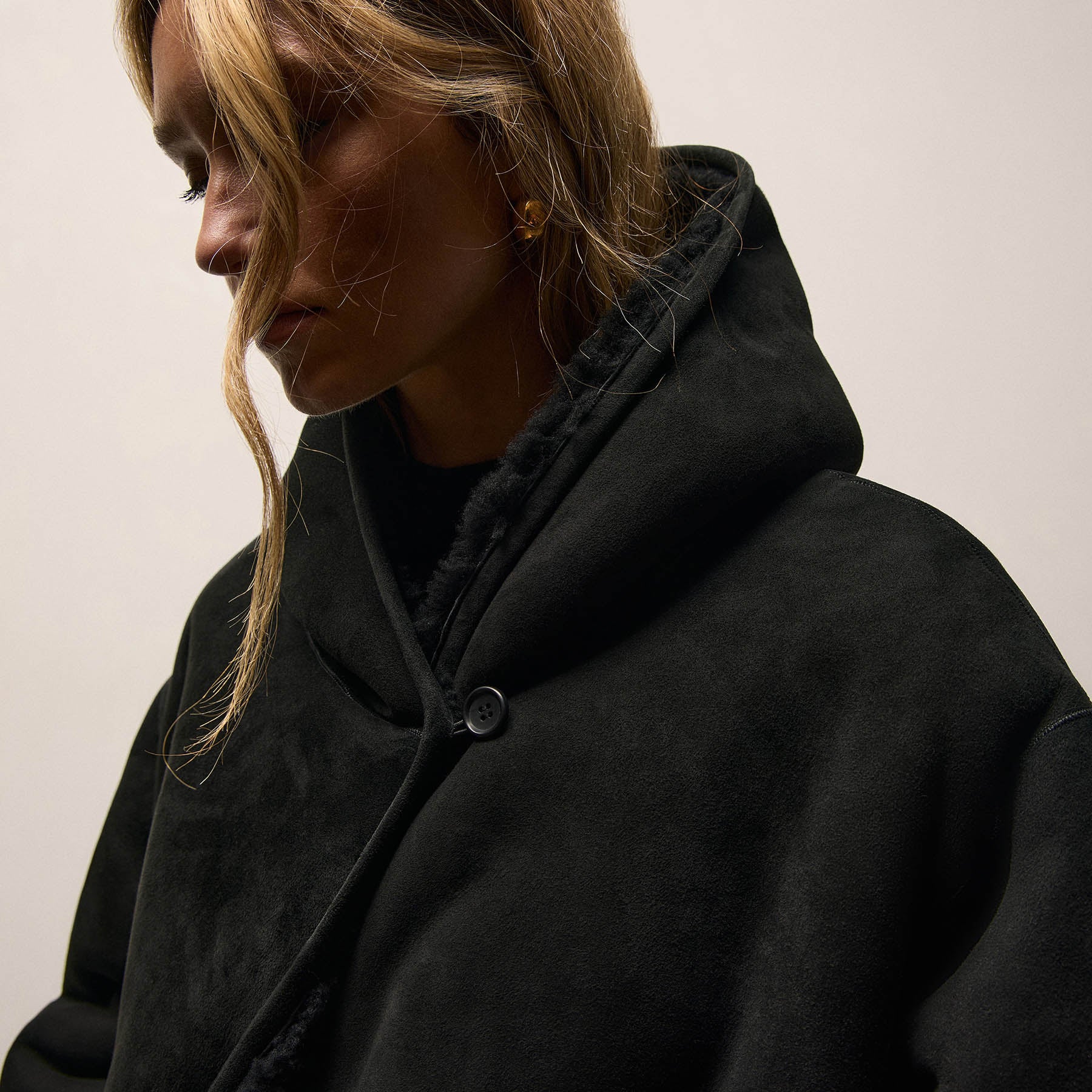 Long Suede Shearling Hooded Coat - Black | James Perse Los Angeles