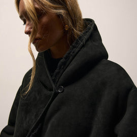 Long Suede Hooded Jacket in Black | James Perse Los Angeles