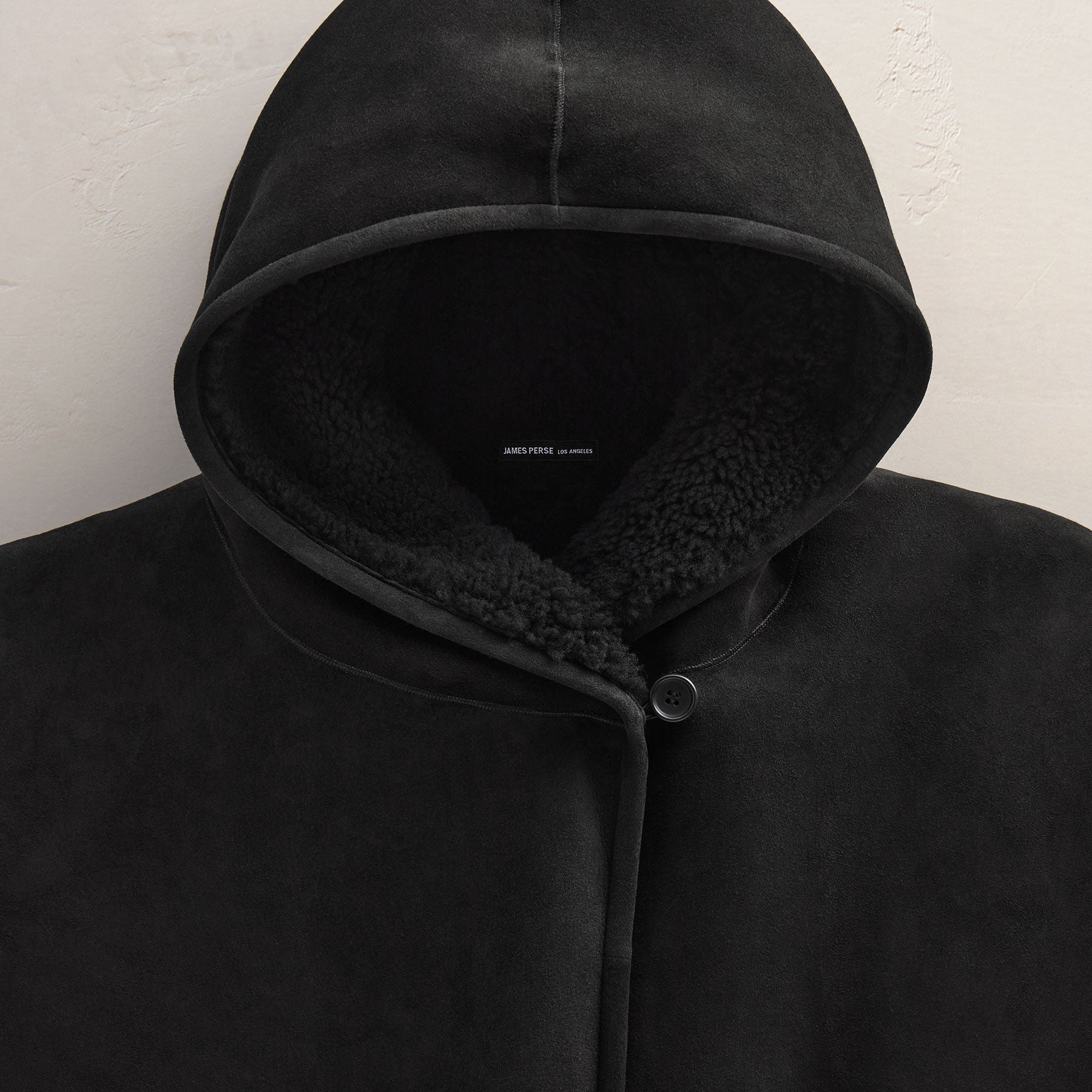 Long Suede Shearling Hooded Coat - Black | James Perse Los Angeles