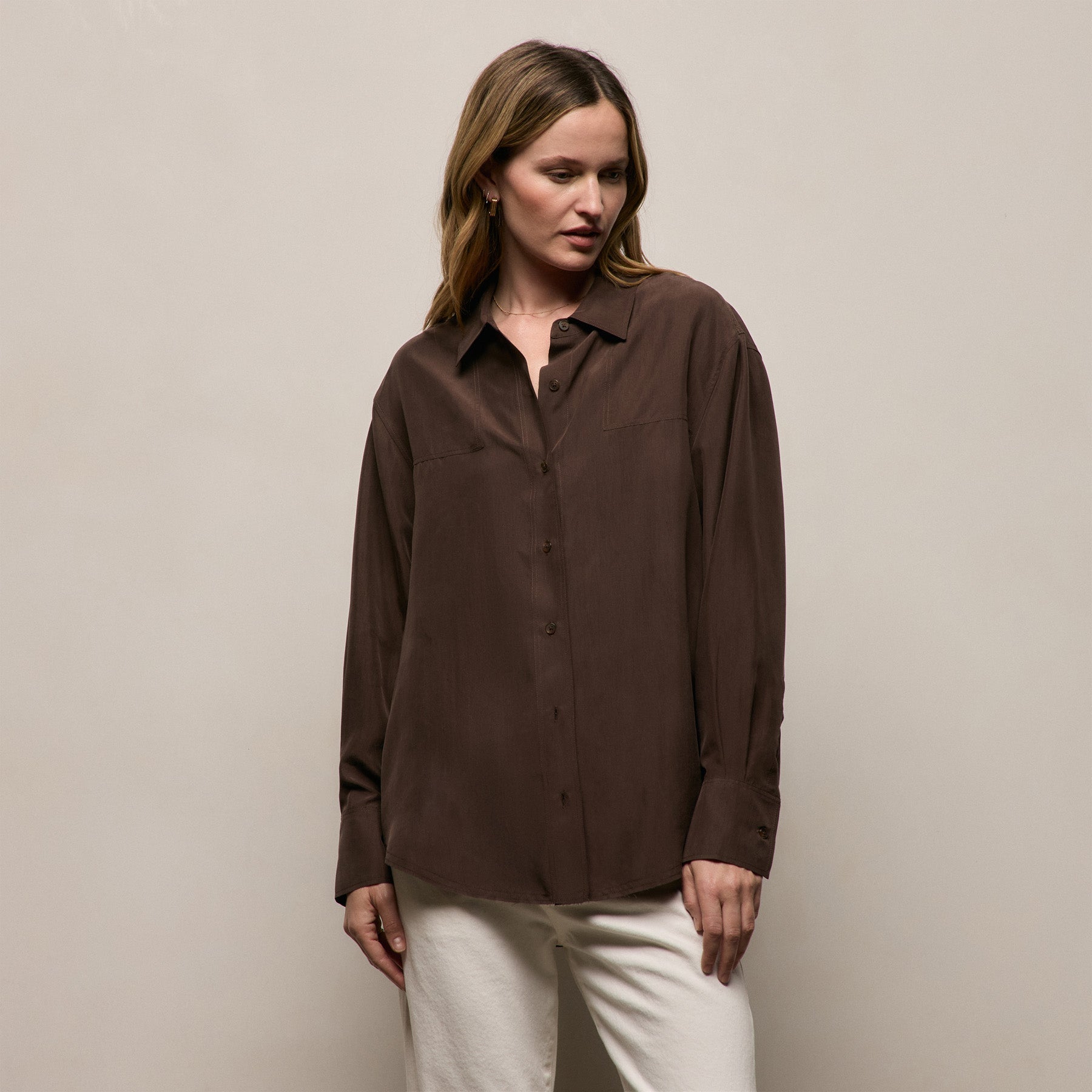 Washed Silk Patch Shirt in Washed Brown | James Perse Los Angeles