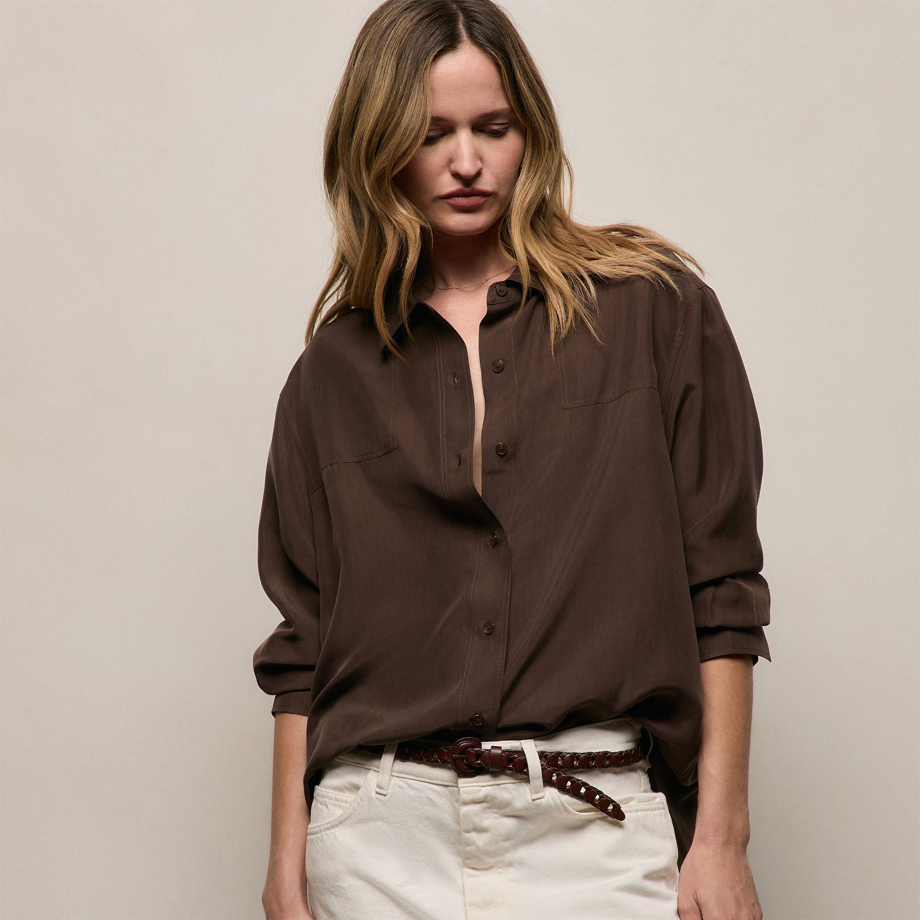 Washed Silk Patch Shirt in Washed Brown | James Perse Los Angeles