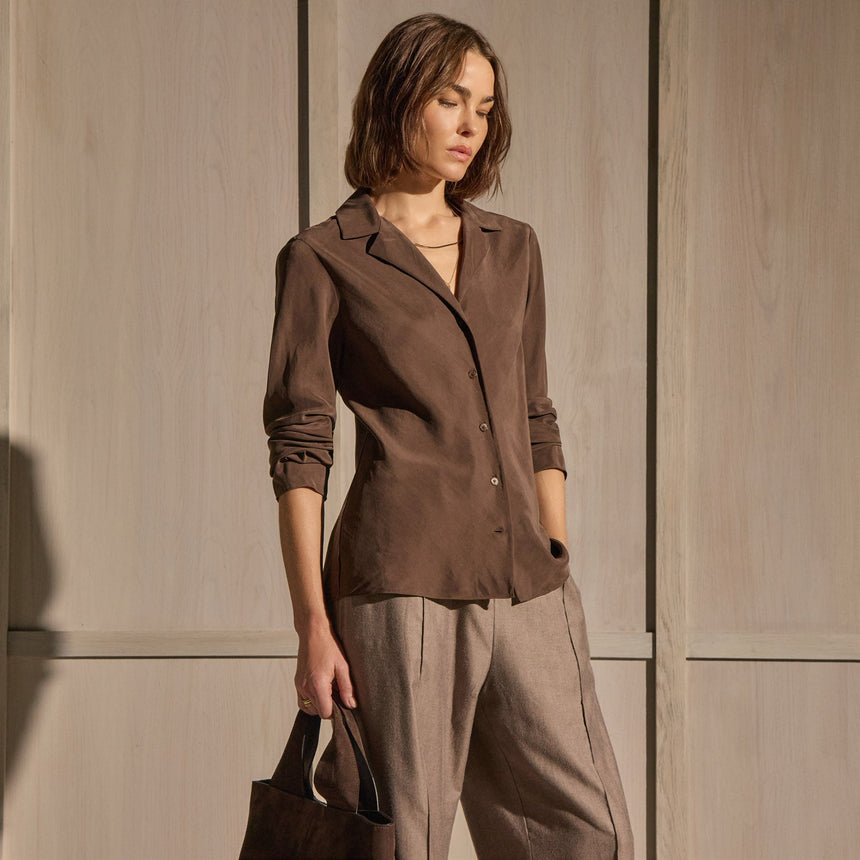 Washed Silk Slim Shirt in Washed Brown | James Perse Los Angeles
