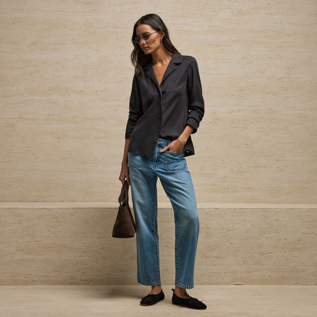 Washed Silk Slim Shirt in Washed Black | James Perse Los Angeles