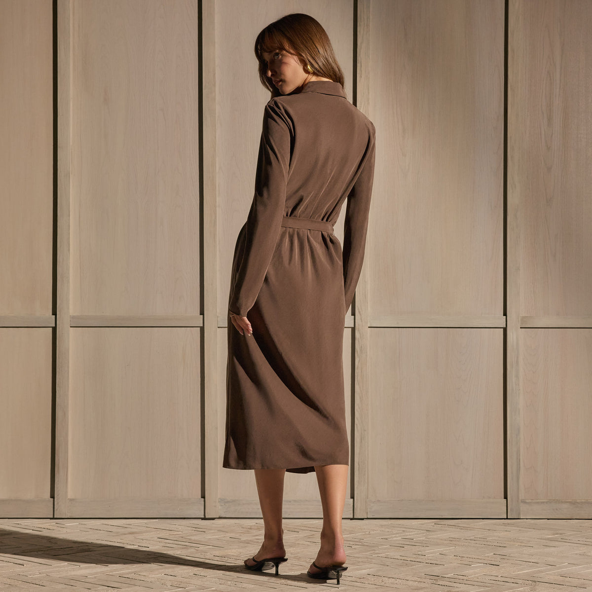 Washed Silk Midi Shirt Dress - Washed Brown | James Perse Los Angeles