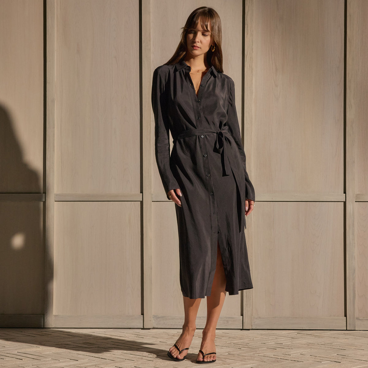 Washed Silk Midi Shirt Dress - Washed Black | James Perse Los Angeles