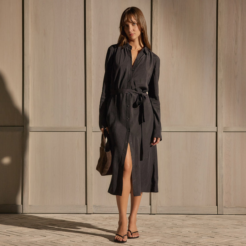 Washed Silk Midi Shirt Dress - Washed Black | James Perse Los Angeles