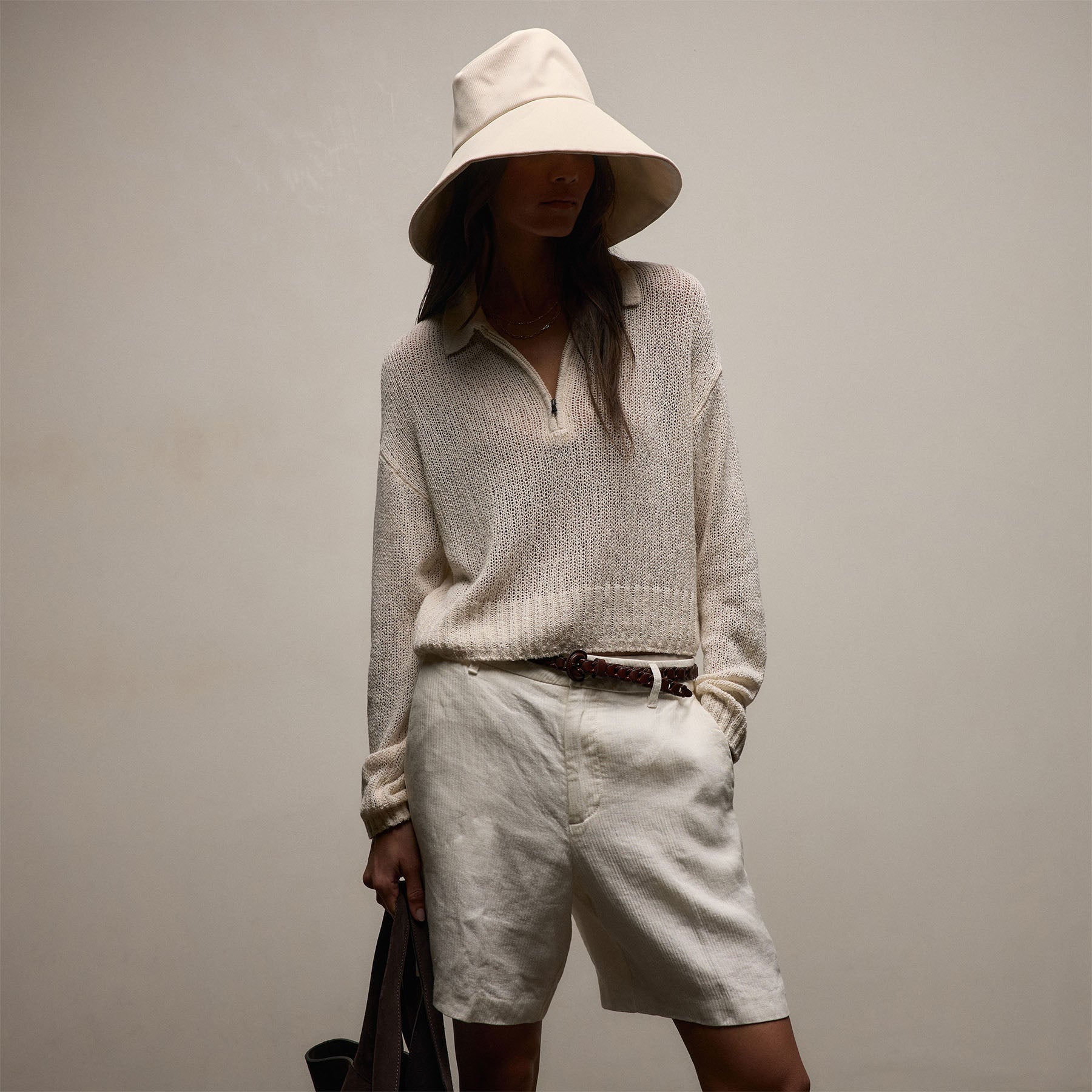 Silk Linen Open Knit Zip Polo in Ivory | James Perse Los Angeles