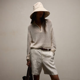 Silk Linen Open Knit Zip Polo in Ivory | James Perse Los Angeles