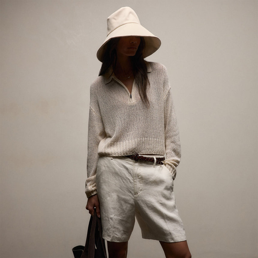 Silk Linen Open Knit Zip Polo in Ivory | James Perse Los Angeles