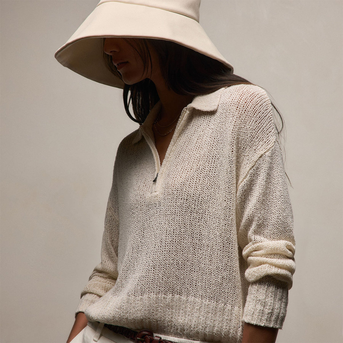 Silk Linen Open Knit Zip Polo in Ivory | James Perse Los Angeles