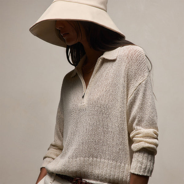 Silk Linen Open Knit Zip Polo in Ivory | James Perse Los Angeles