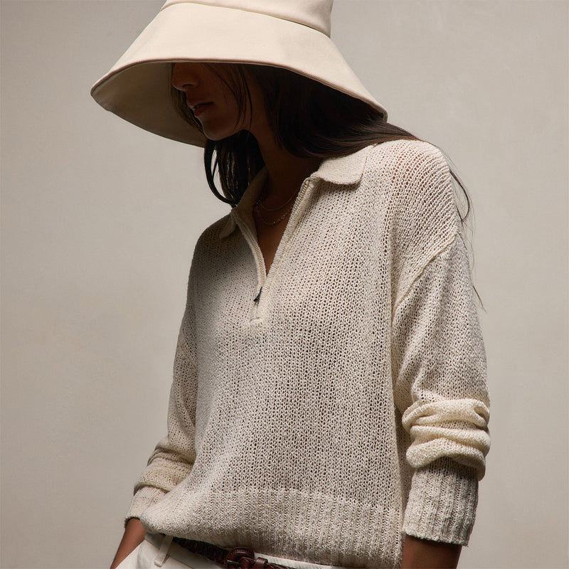 Silk Linen Open Knit Zip Polo in Ivory | James Perse Los Angeles