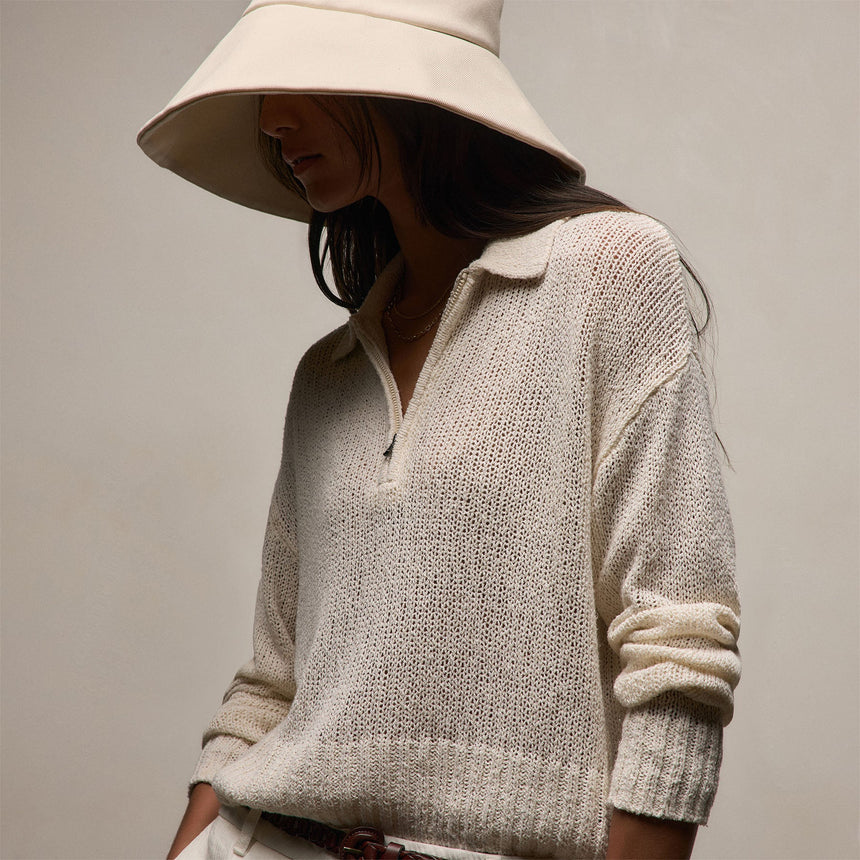 Silk Linen Open Knit Zip Polo in Ivory | James Perse Los Angeles