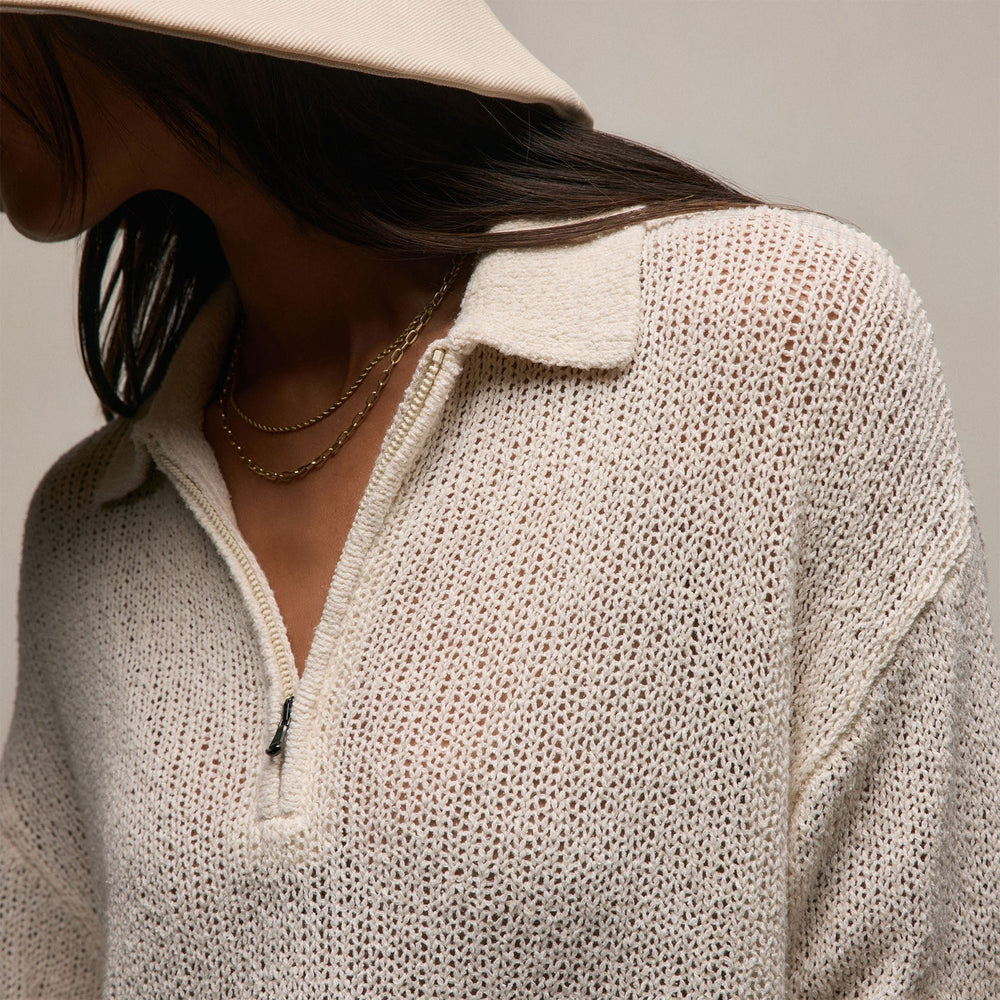 Silk Linen Open Knit Zip Polo in Ivory | James Perse Los Angeles