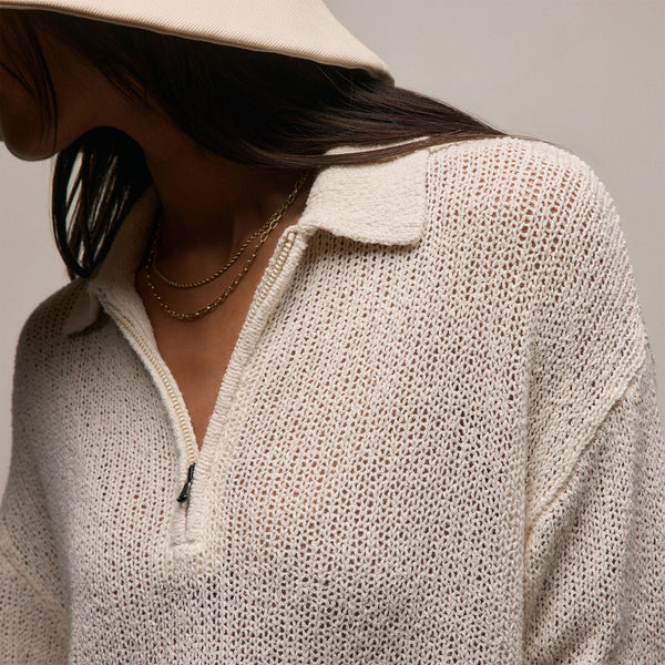 Silk Linen Open Knit Zip Polo in Ivory | James Perse Los Angeles