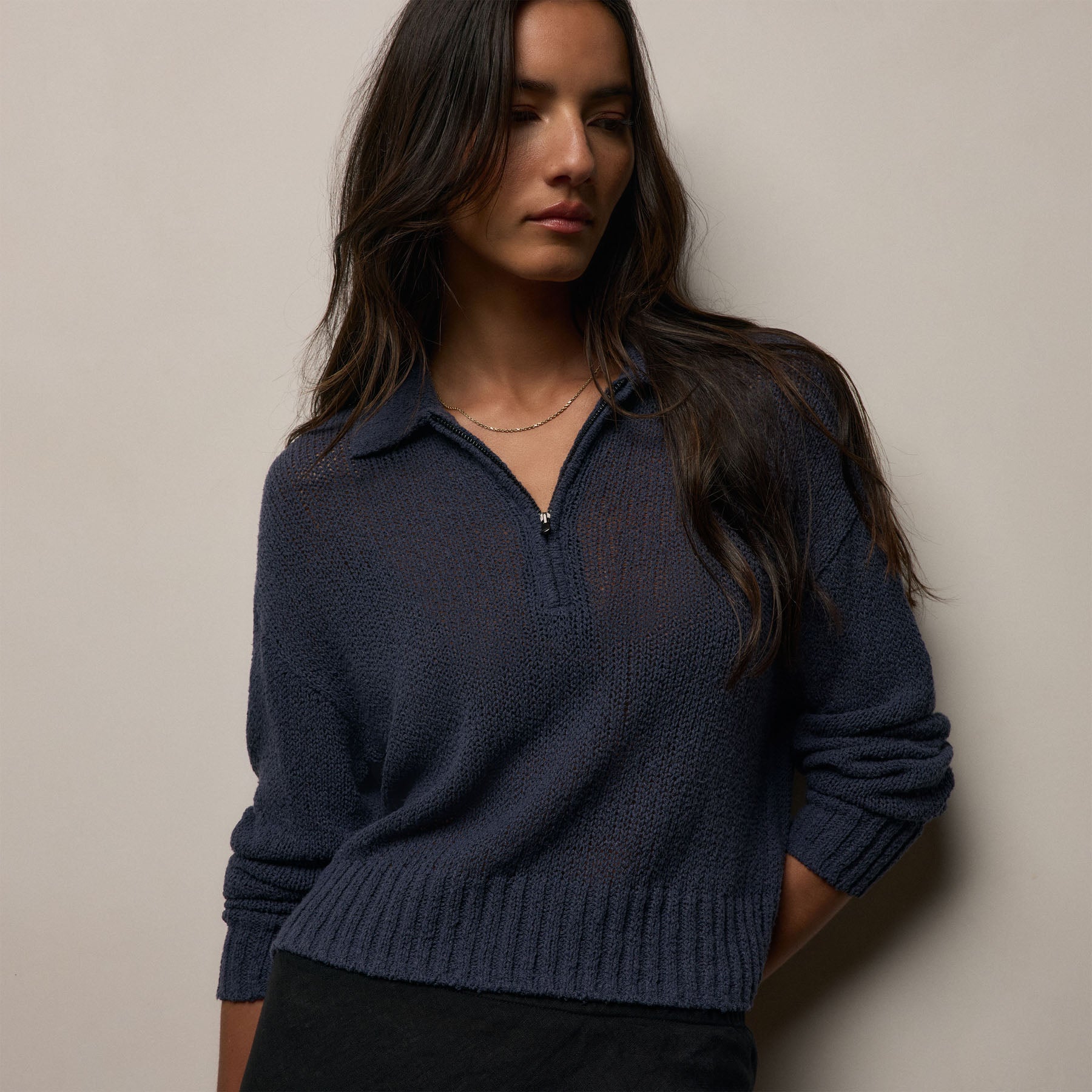 East Cape Silk Linen Quarter Zip in Navy | James Perse Los Angeles