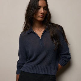 East Cape Silk Linen Quarter Zip in Navy | James Perse Los Angeles