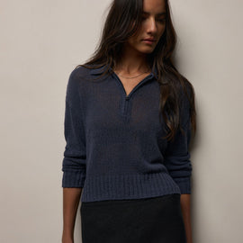 East Cape Silk Linen Quarter Zip in Navy | James Perse Los Angeles