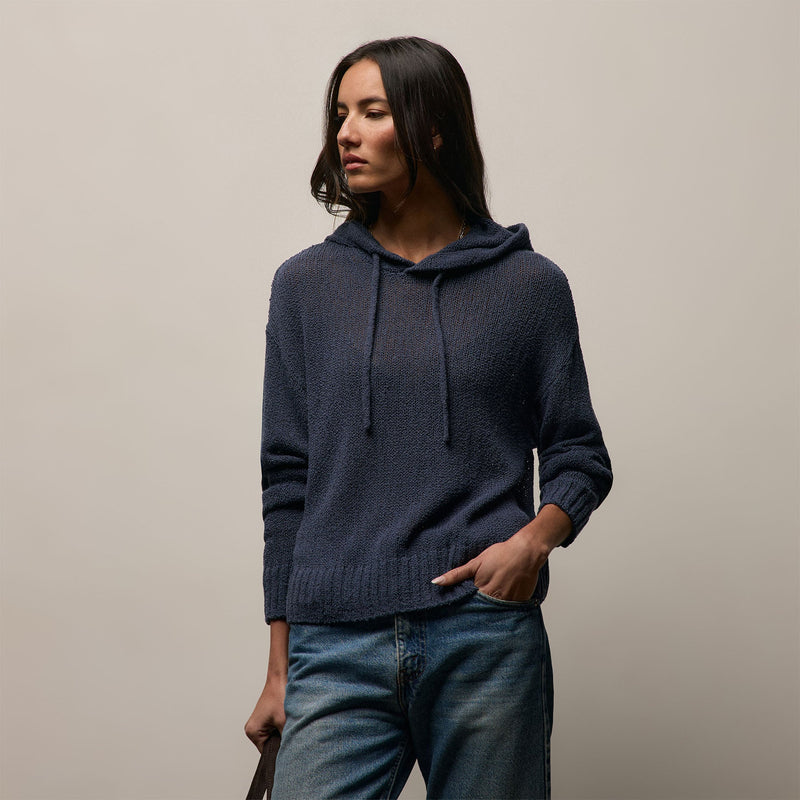 Silk Linen Open Knit Hooded Sweater in Navy | James Perse Los Angeles