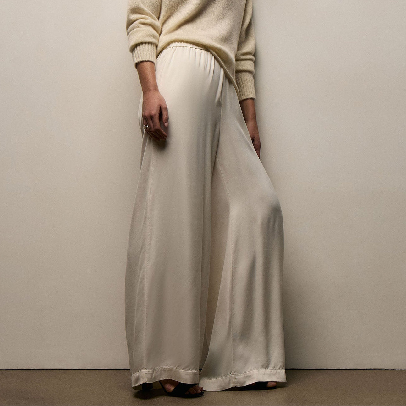 Satin Drawstring Wide Leg Pant in Ivory Pigment | James Perse Los Angeles