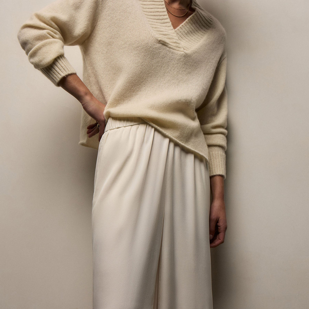 Satin Drawstring Wide Leg Pant in Ivory Pigment | James Perse Los Angeles