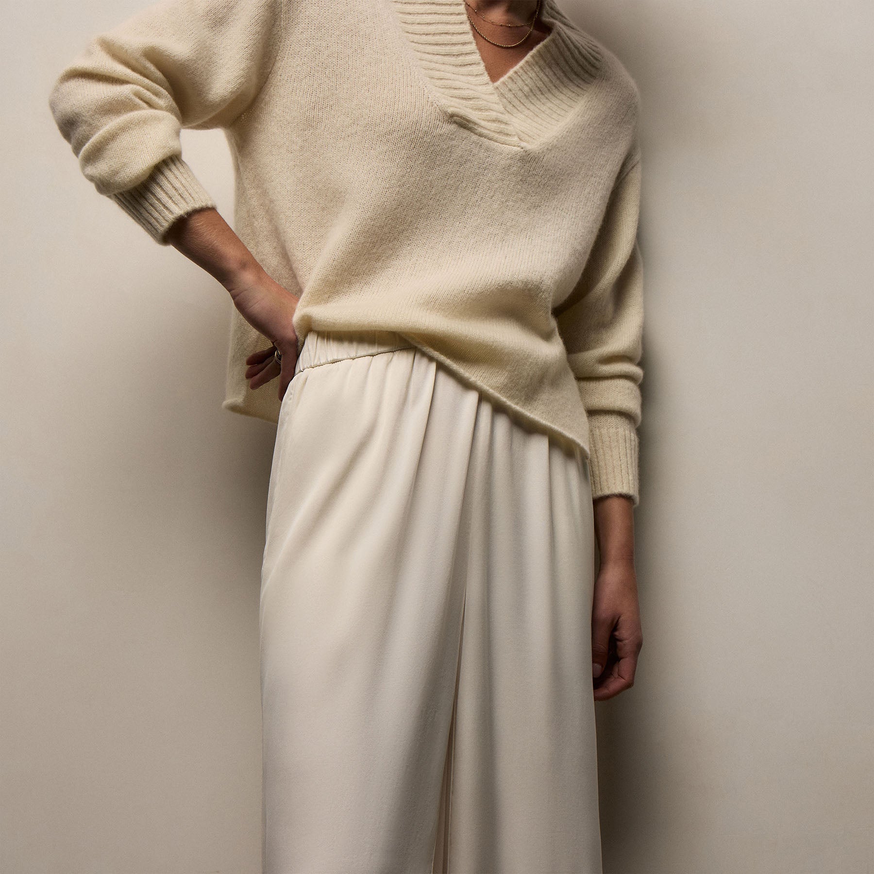 Satin Drawstring Wide Leg Pant in Ivory Pigment | James Perse Los Angeles