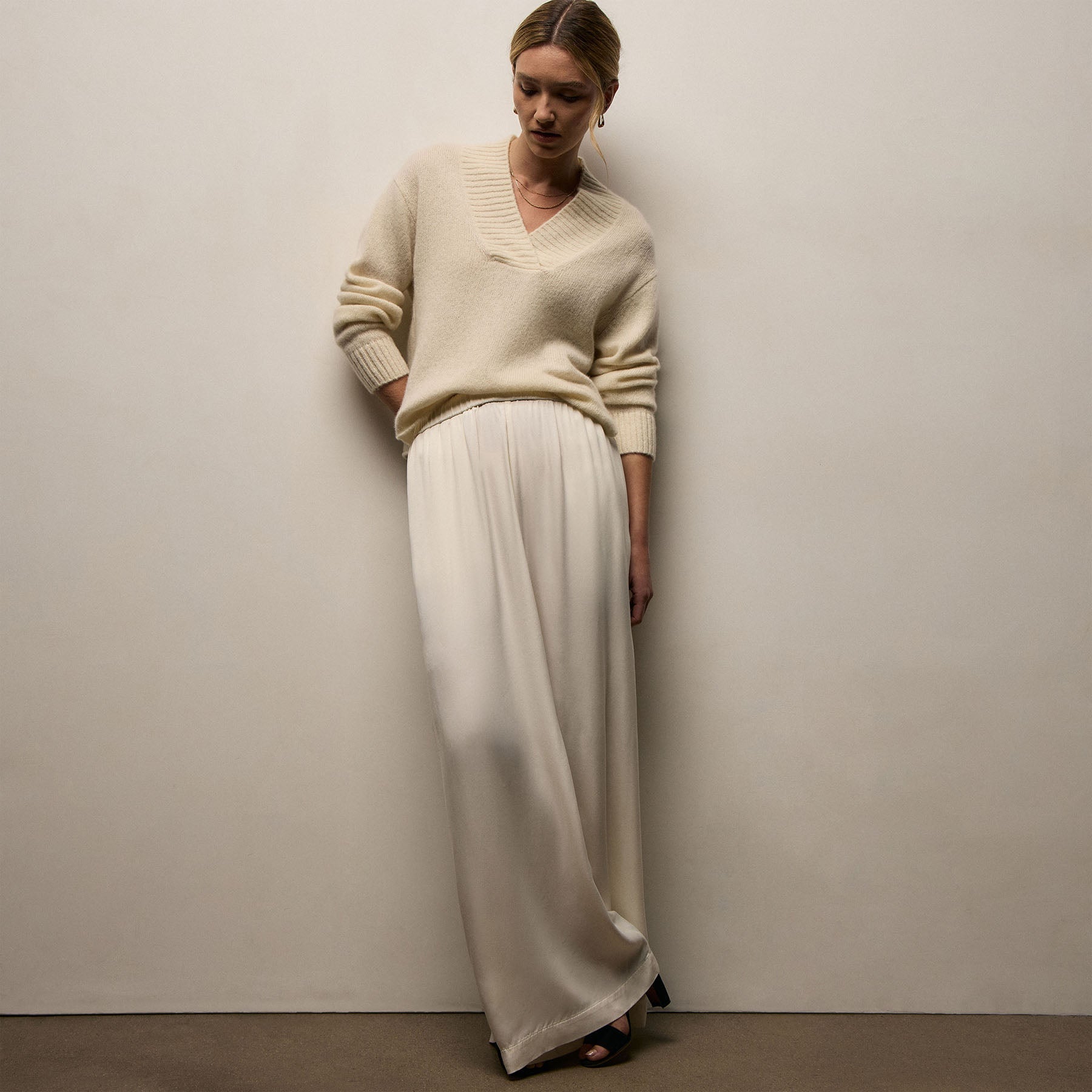Satin Drawstring Wide Leg Pant in Ivory Pigment | James Perse Los Angeles