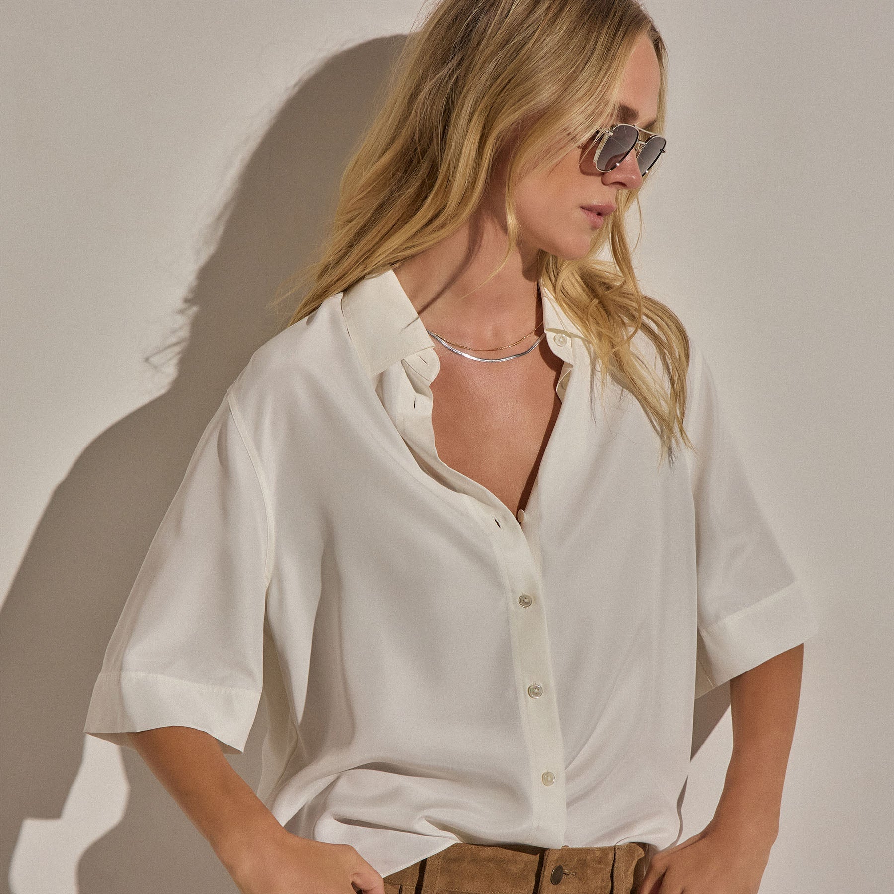 Silk Short Sleeve Shirt in Ivory | James Perse Los Angeles