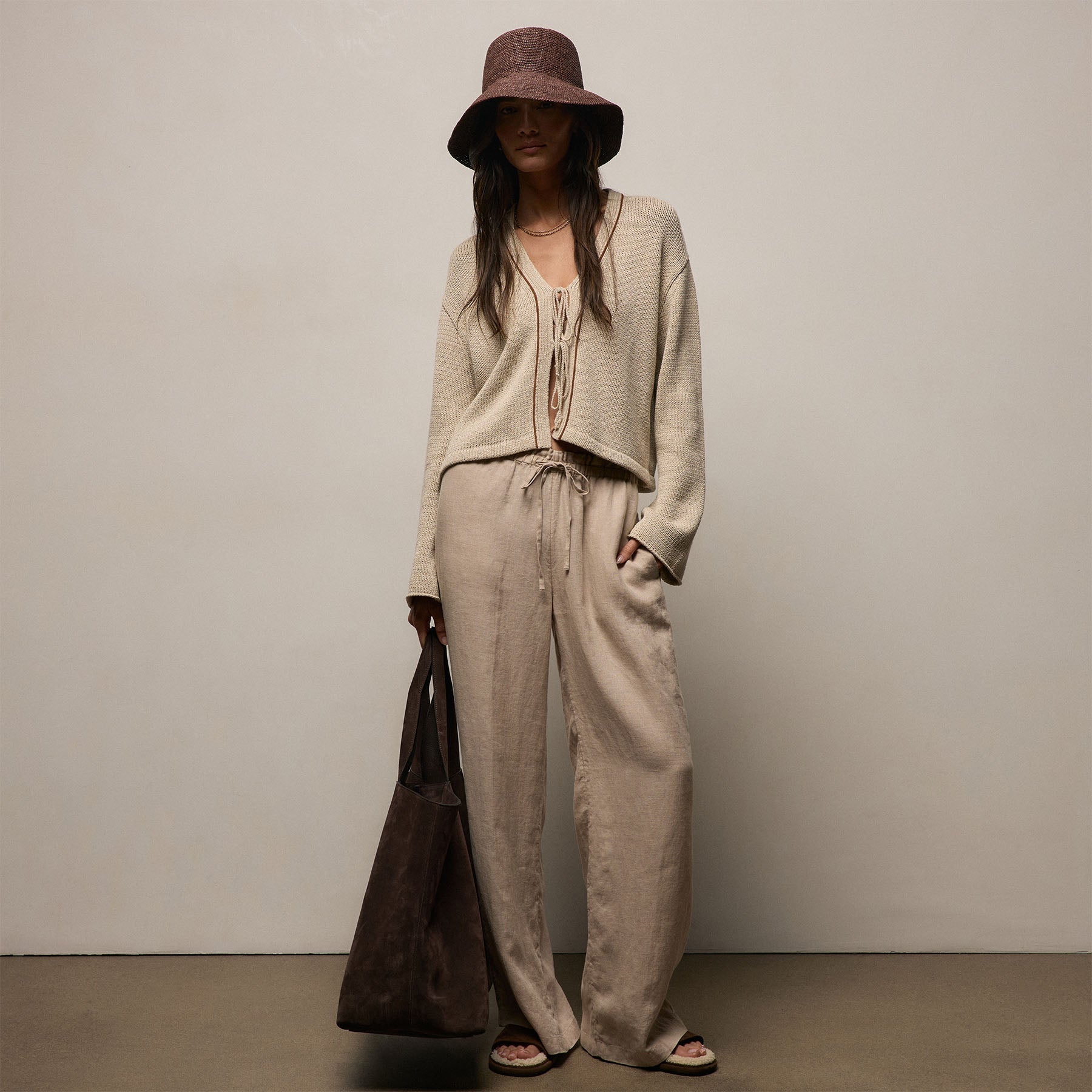Baja Tie Front Cardigan - Natural/Tobacco | James Perse Los Angeles