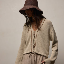 Cotton Linen Tie Front Cardigan in Natural/Tobacco | James Perse Los Angeles