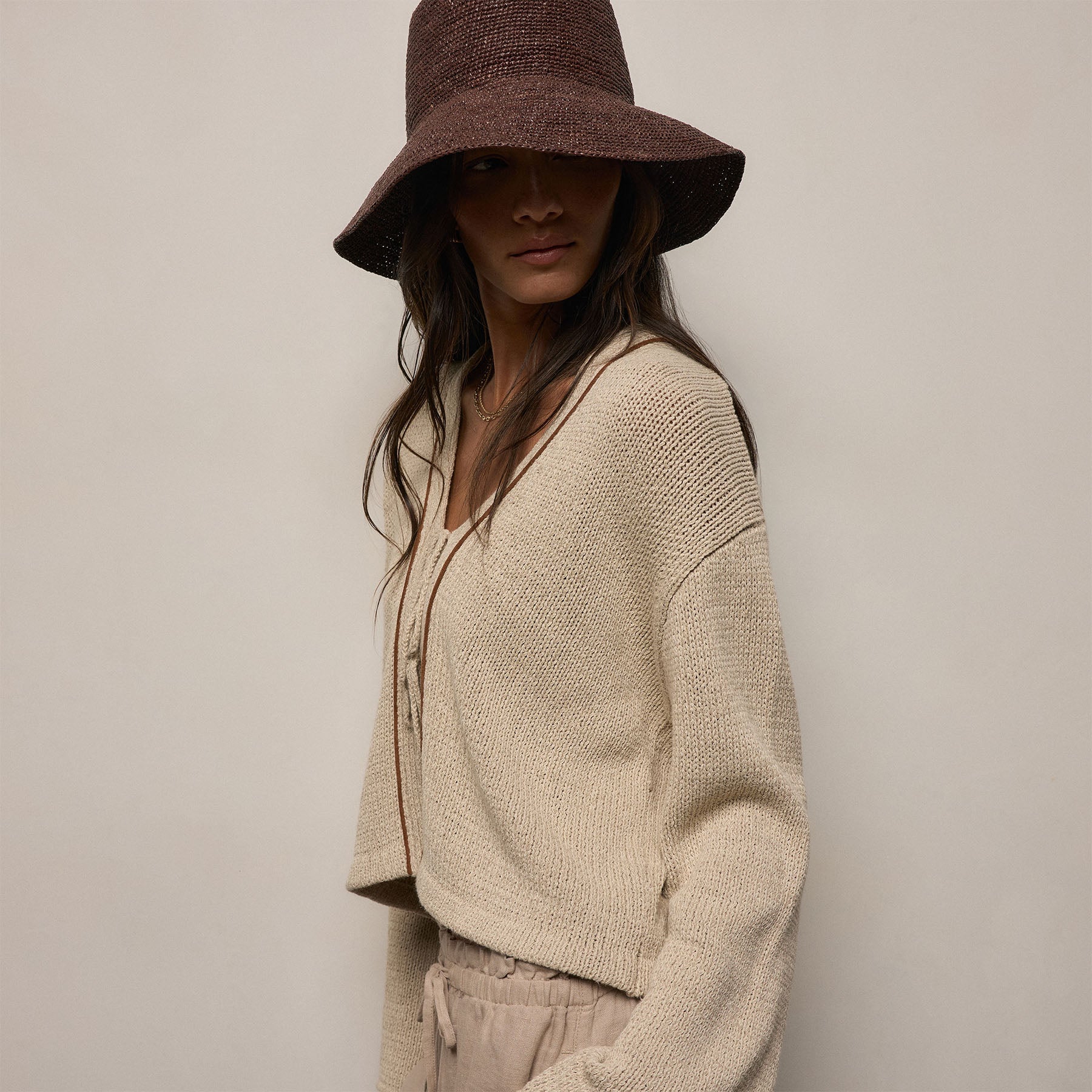 Cotton Linen Tie Front Cardigan in Natural/Tobacco | James Perse Los Angeles