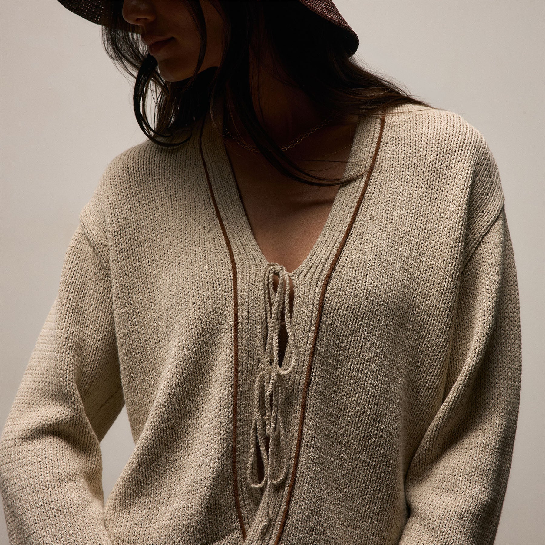 Cotton Linen Tie Front Cardigan in Natural/Tobacco | James Perse Los Angeles