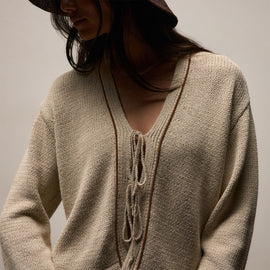 Cotton Linen Tie Front Cardigan in Natural/Tobacco | James Perse Los Angeles