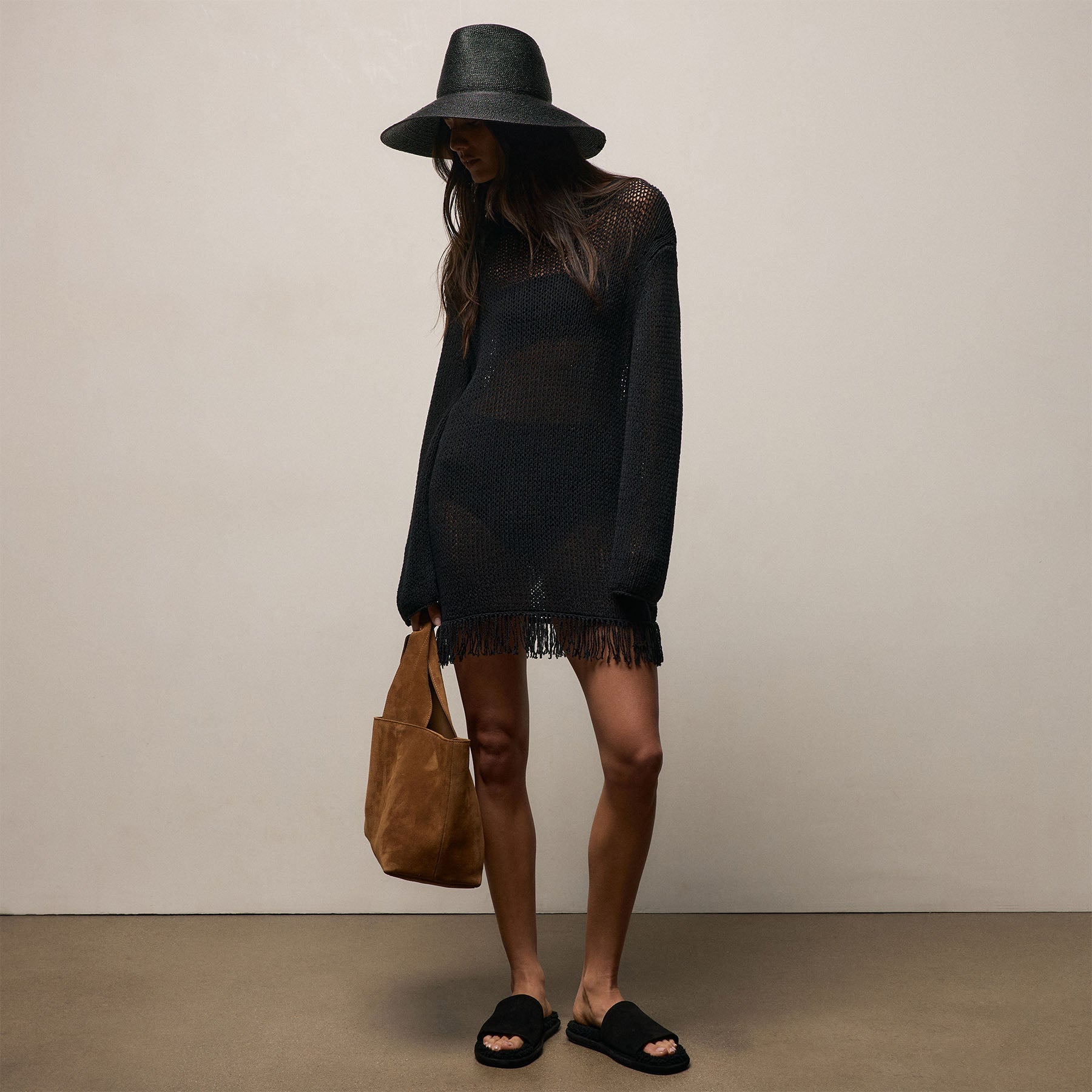 Cotton Linen Open Knit Tunic with Fringe in Black | James Perse Los Angeles