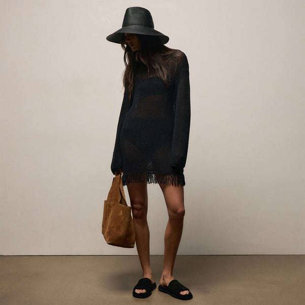 Cotton Linen Open Knit Tunic with Fringe in Black | James Perse Los Angeles