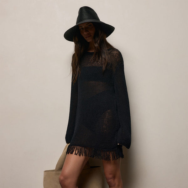 Cotton Linen Open Knit Tunic with Fringe in Black | James Perse Los Angeles