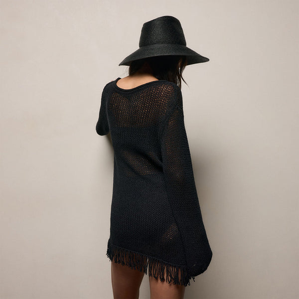 Cotton Linen Open Knit Tunic with Fringe in Black | James Perse Los Angeles