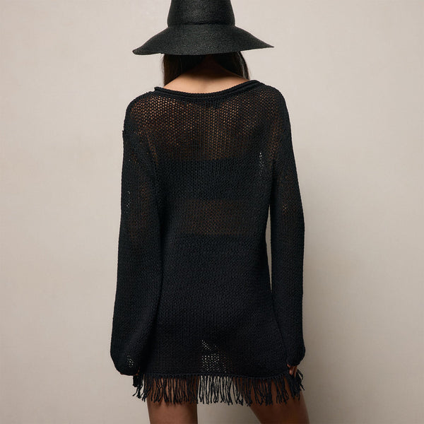 Cotton Linen Open Knit Tunic with Fringe in Black | James Perse Los Angeles