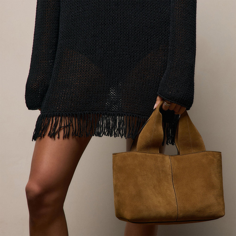 Cotton Linen Open Knit Tunic with Fringe in Black | James Perse Los Angeles