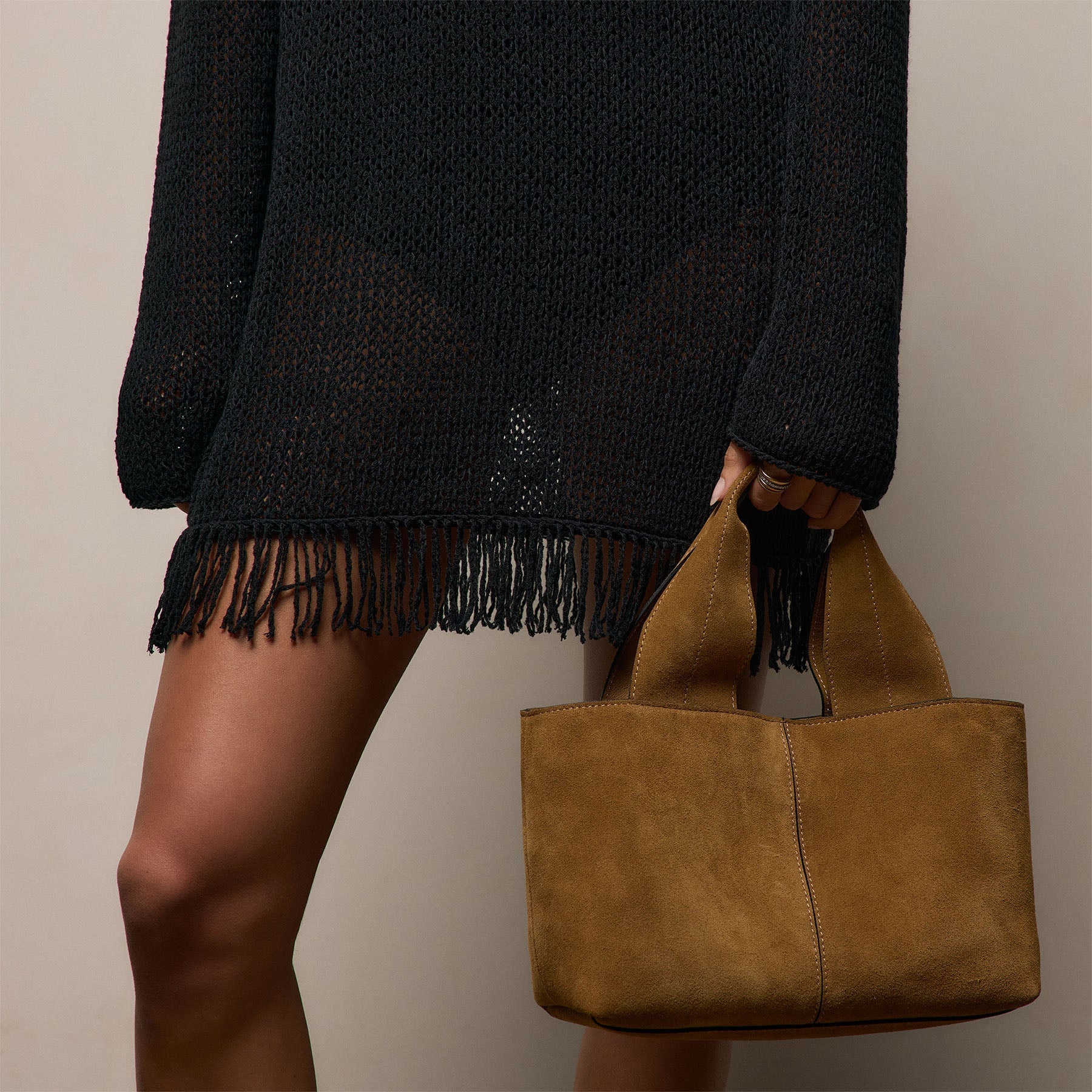 Cotton Linen Open Knit Tunic with Fringe in Black | James Perse Los Angeles
