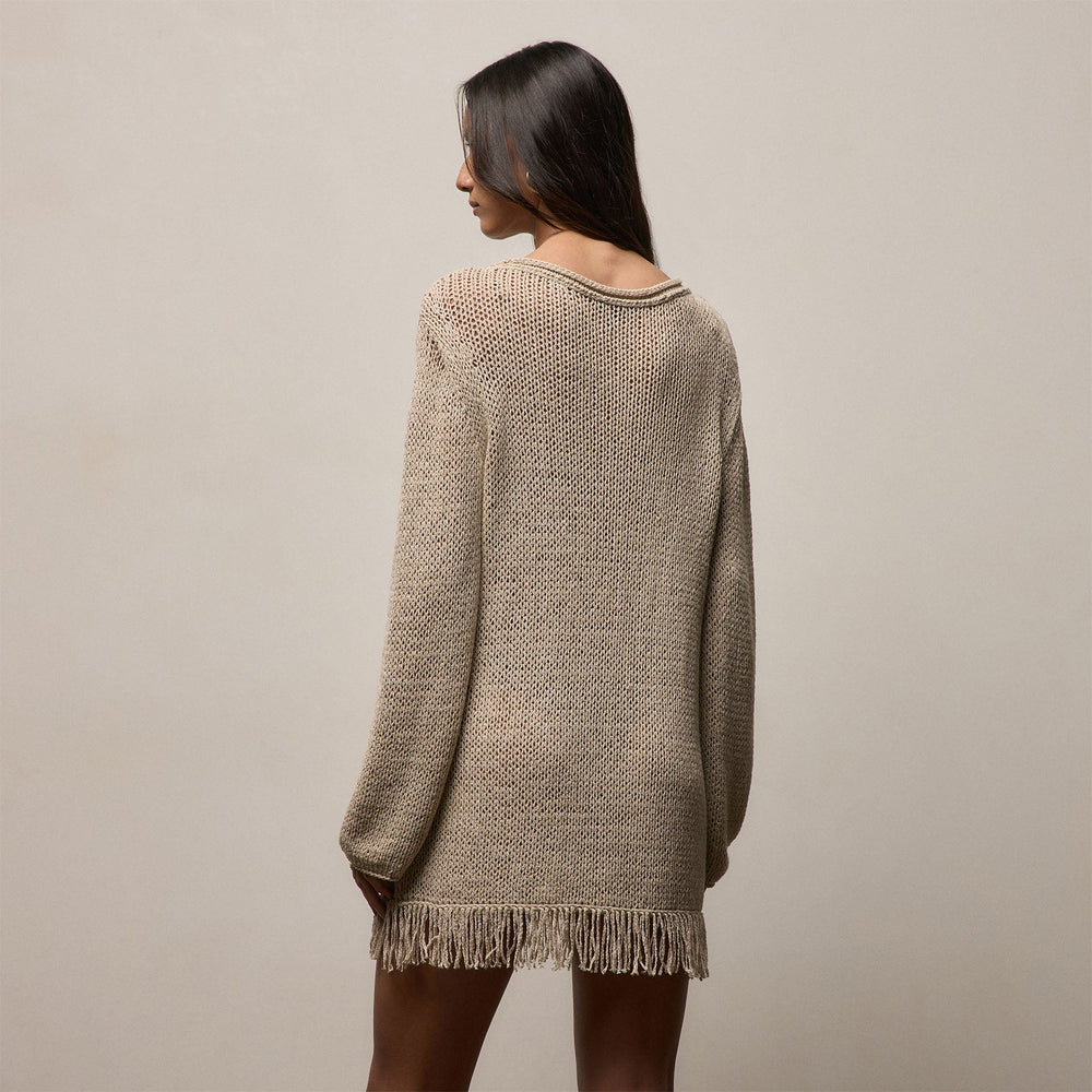 Cotton Linen Open Knit Tunic with Fringe in Natural | James Perse Los Angeles