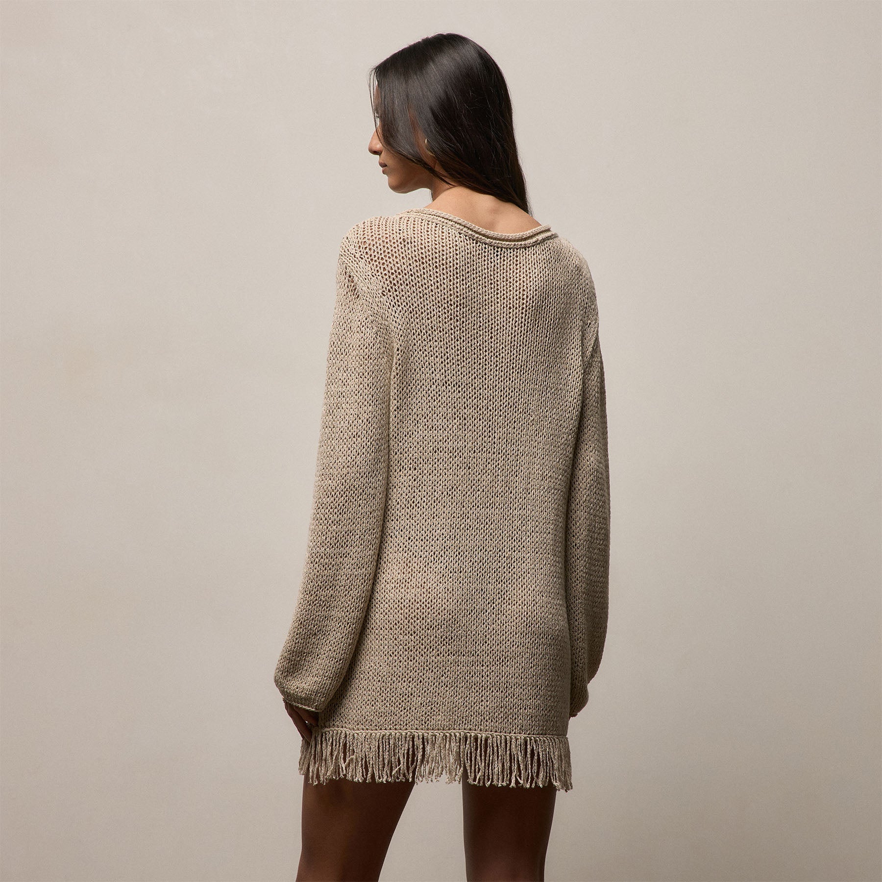 Cotton Linen Open Knit Tunic with Fringe in Natural | James Perse Los Angeles