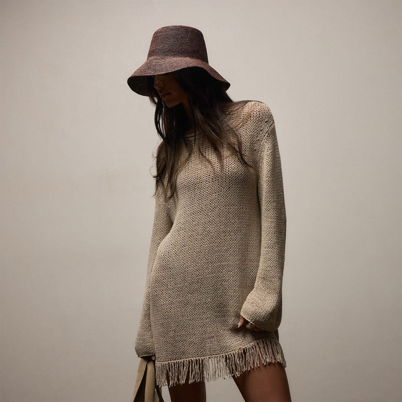 ruched knitted dress Apricot Waffle Knit Bodycon Dress with Long Sleeves & Ruched Skirt |  Asymmetrical Mini Dress for Elegant Cocktail & Date Night main image 0