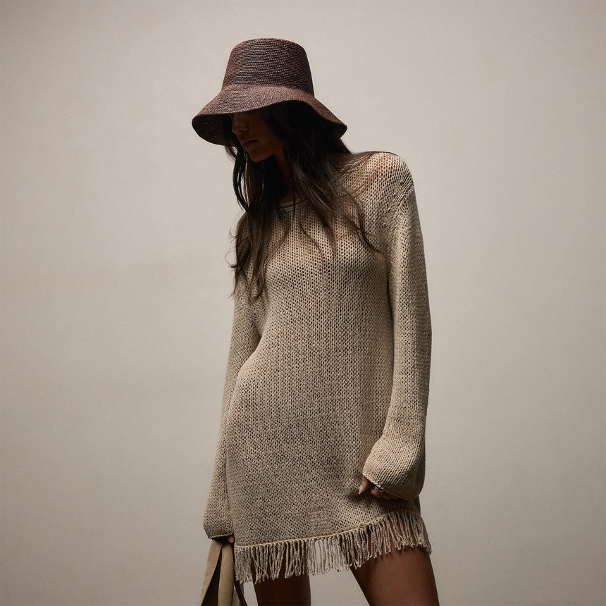 Cotton Linen Open Knit Tunic with Fringe in Natural | James Perse Los Angeles