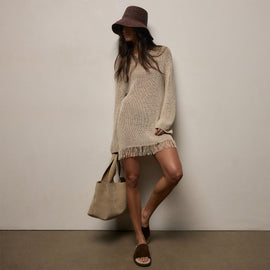 Cotton Linen Open Knit Tunic with Fringe in Natural | James Perse Los Angeles
