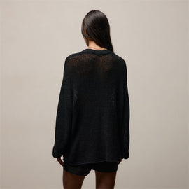 Cotton Linen Open Knit Crew in Black | James Perse Los Angeles