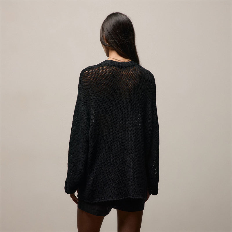 Cotton Linen Open Knit Crew in Black | James Perse Los Angeles