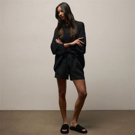 Cotton Linen Open Knit Crew in Black | James Perse Los Angeles