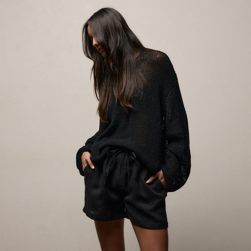 Cotton Linen Open Knit Crew in Black | James Perse Los Angeles